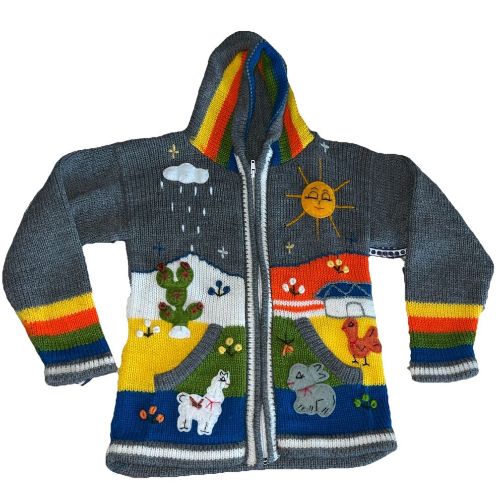 Handmade Kids Hooded Zip Sweater Size 5-7 Years Farm Chicken Llama Rabbit